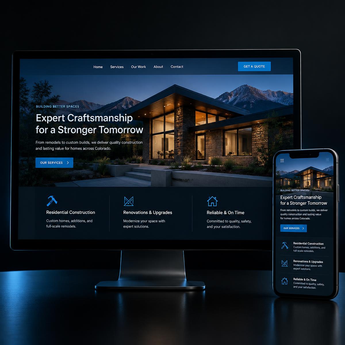 Professional contractor website displayed on desktop and mobile devices